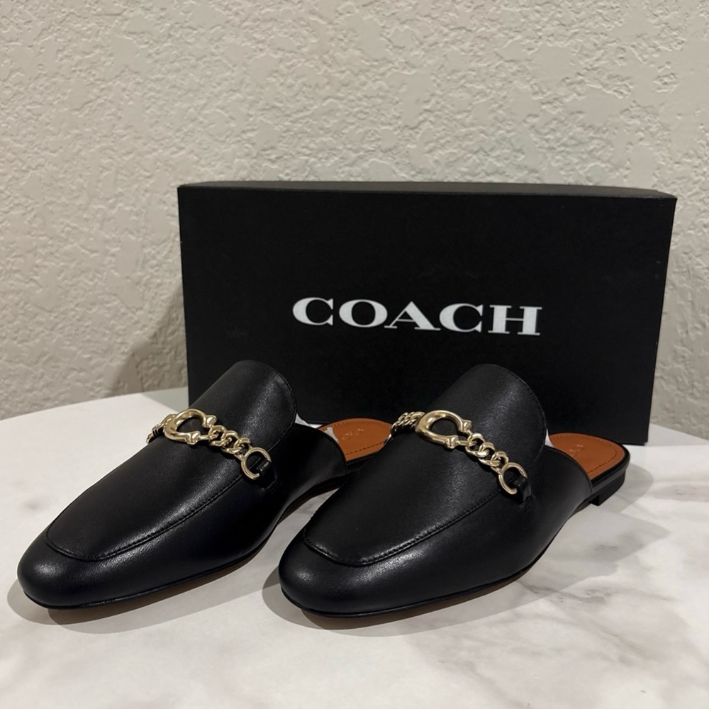 COACH Black Leather Sofi Slides Shoes NWT